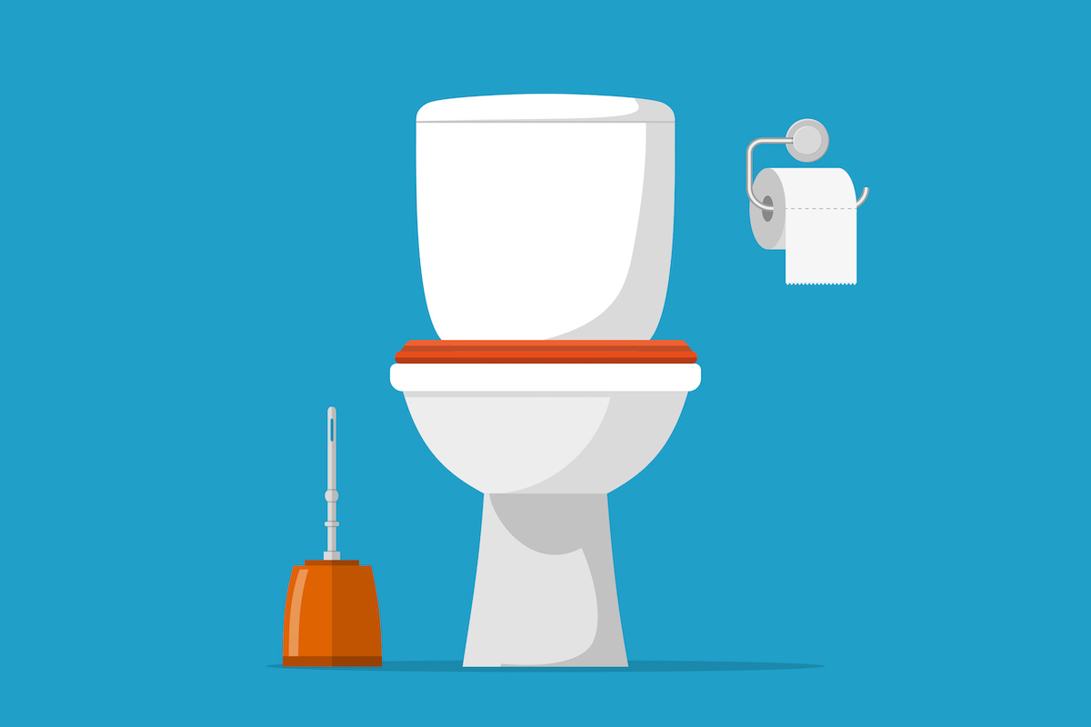 White ceramics toilet, toilet paper and toilet brush. modern toilet set in flat style. Vector illustration